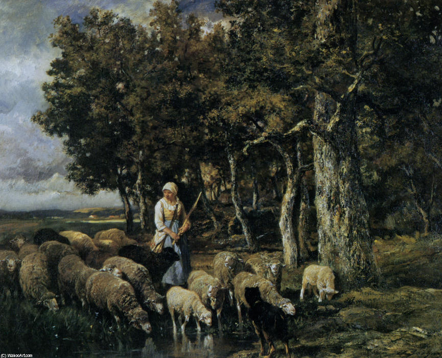 Wikioo.org - The Encyclopedia of Fine Arts - Painting, Artwork by Charles Émile Jacque - Shepherdess watering flock