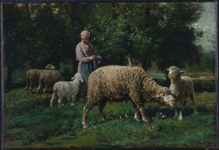 Wikioo.org – La Enciclopedia de las Bellas Artes - Pintura, Obras de arte de Charles Émile Jacque - Pastora con ovejas