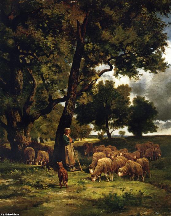 Wikioo.org - The Encyclopedia of Fine Arts - Painting, Artwork by Charles Émile Jacque - The Shepherdess and Her Flock