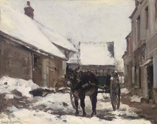 WikiOO.org - Enciklopedija dailės - Tapyba, meno kuriniai Konstantin Alekseyevich Korovin - A donkey and cart at a farmhouse in winter