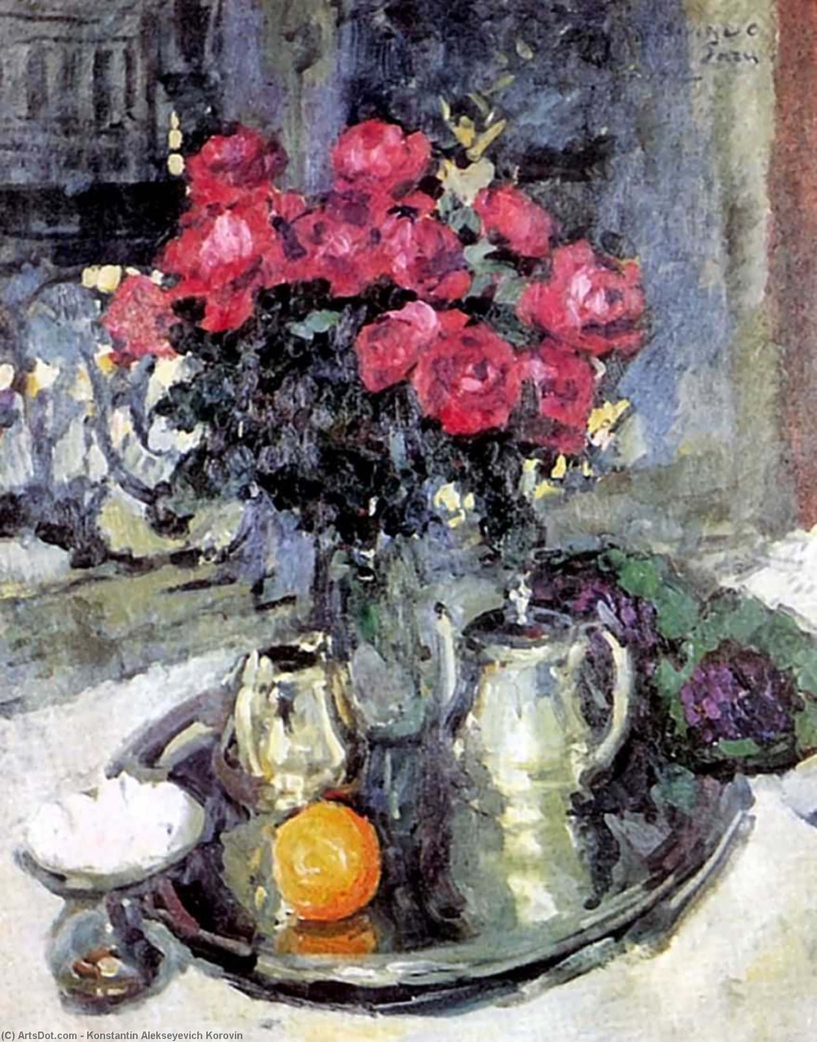 Wikioo.org – La Enciclopedia de las Bellas Artes - Pintura, Obras de arte de Konstantin Alekseyevich Korovin - Rosas y Violetas