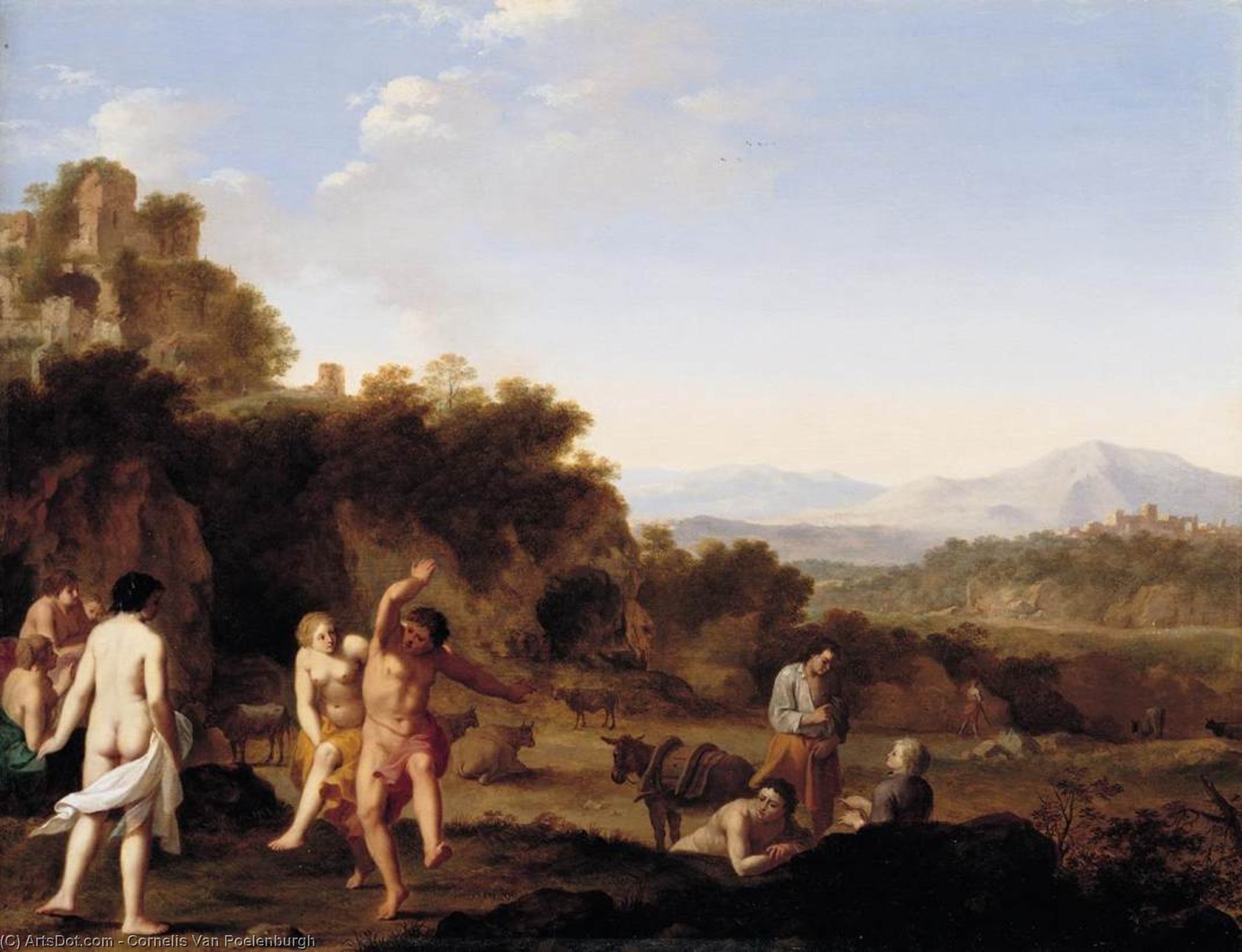 Wikioo.org - The Encyclopedia of Fine Arts - Painting, Artwork by Cornelis Van Poelenburgh - Italianate Landscape with Dancing Figures