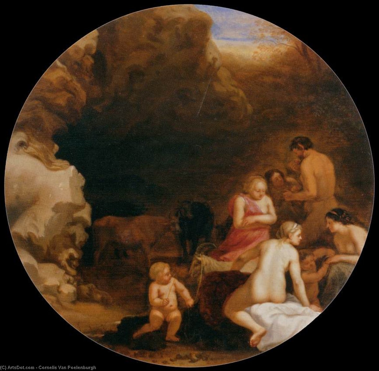 Wikioo.org - The Encyclopedia of Fine Arts - Painting, Artwork by Cornelis Van Poelenburgh - Nymphs and Satyrs at the Entrance of a Grotto