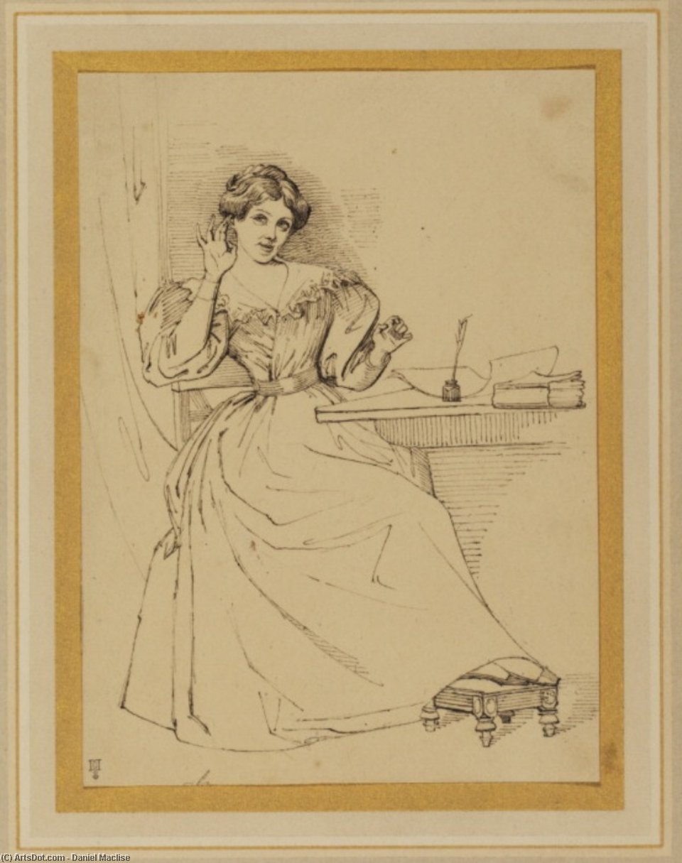 Wikioo.org – L'Encyclopédie des Beaux Arts - Peinture, Oeuvre de Daniel Maclise - dame assis à un table