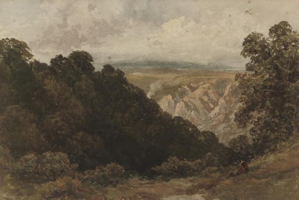 WikiOO.org - Енциклопедия за изящни изкуства - Живопис, Произведения на изкуството David Cox - A Figure Looking Over A Mountainous Landscape