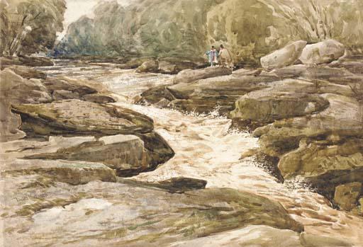 Wikioo.org - The Encyclopedia of Fine Arts - Painting, Artwork by David Cox - Figures Beside The Strid, Bolton Abbey, Yorkshire
