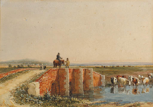 Wikioo.org - The Encyclopedia of Fine Arts - Painting, Artwork by David Cox - Figures Crossing A Bridge, Cattle Watering Below