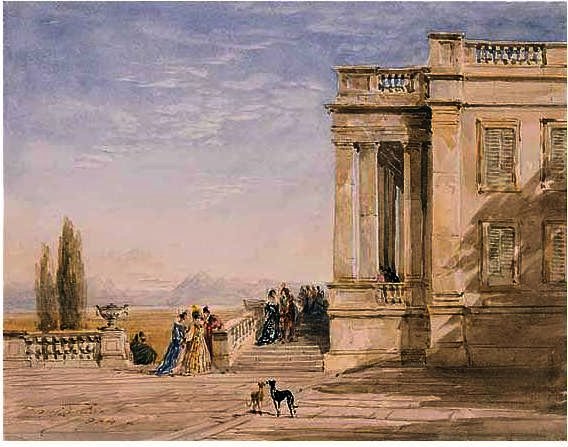 Wikioo.org - The Encyclopedia of Fine Arts - Painting, Artwork by David Cox - Figures On A Terrace With Greyhounds
