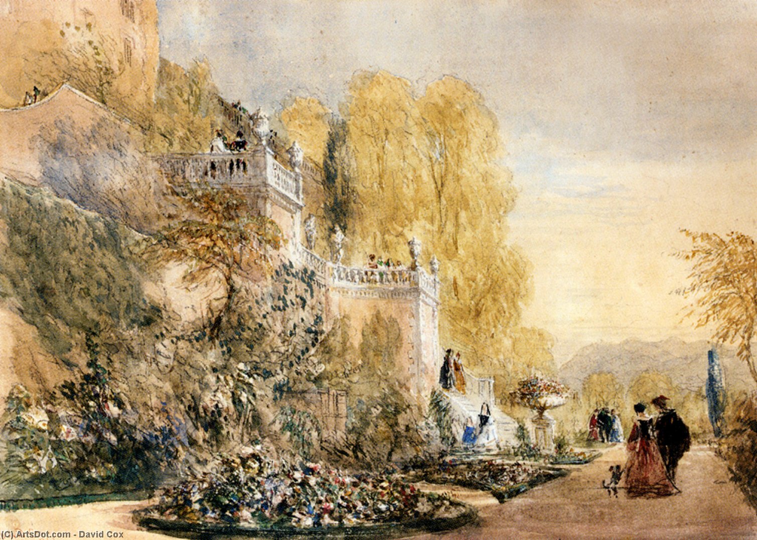 Wikioo.org - The Encyclopedia of Fine Arts - Painting, Artwork by David Cox - Figures On The Terraces At Powis Castle, Montgomeryshire