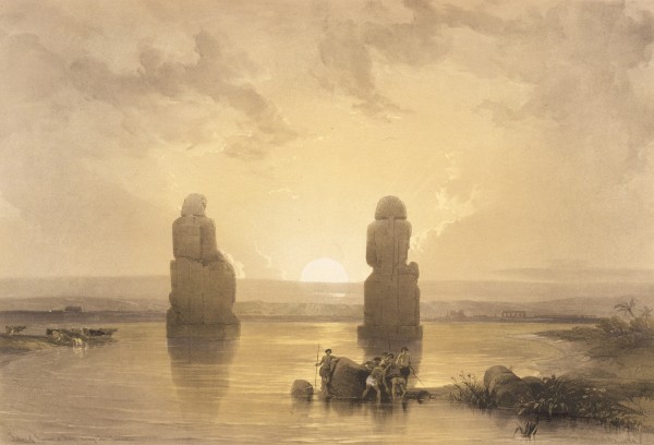 Wikioo.org – La Enciclopedia de las Bellas Artes - Pintura, Obras de arte de David Roberts - Estatuas De Memnon en Tebas durante la inundación