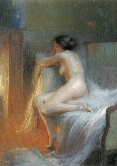 WikiOO.org – 美術百科全書 - 繪畫，作品 Delphin Enjolras - 一个裸体 斜倚  通过  的  火