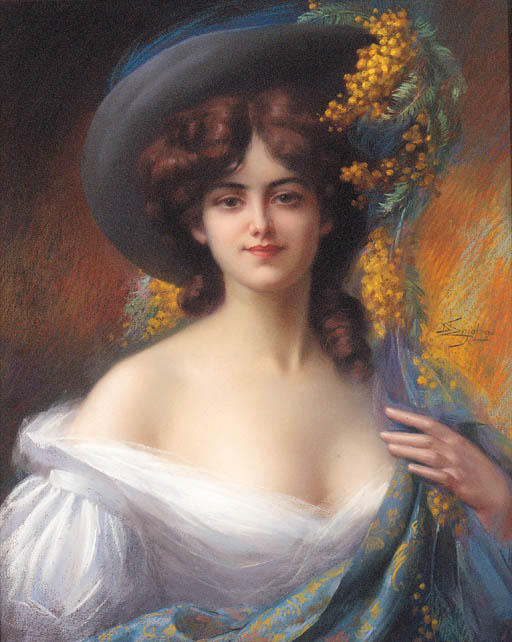 Wikioo.org - The Encyclopedia of Fine Arts - Painting, Artwork by Delphin Enjolras - A Young Beauty In A Hat Decorated With Yellow Flowers