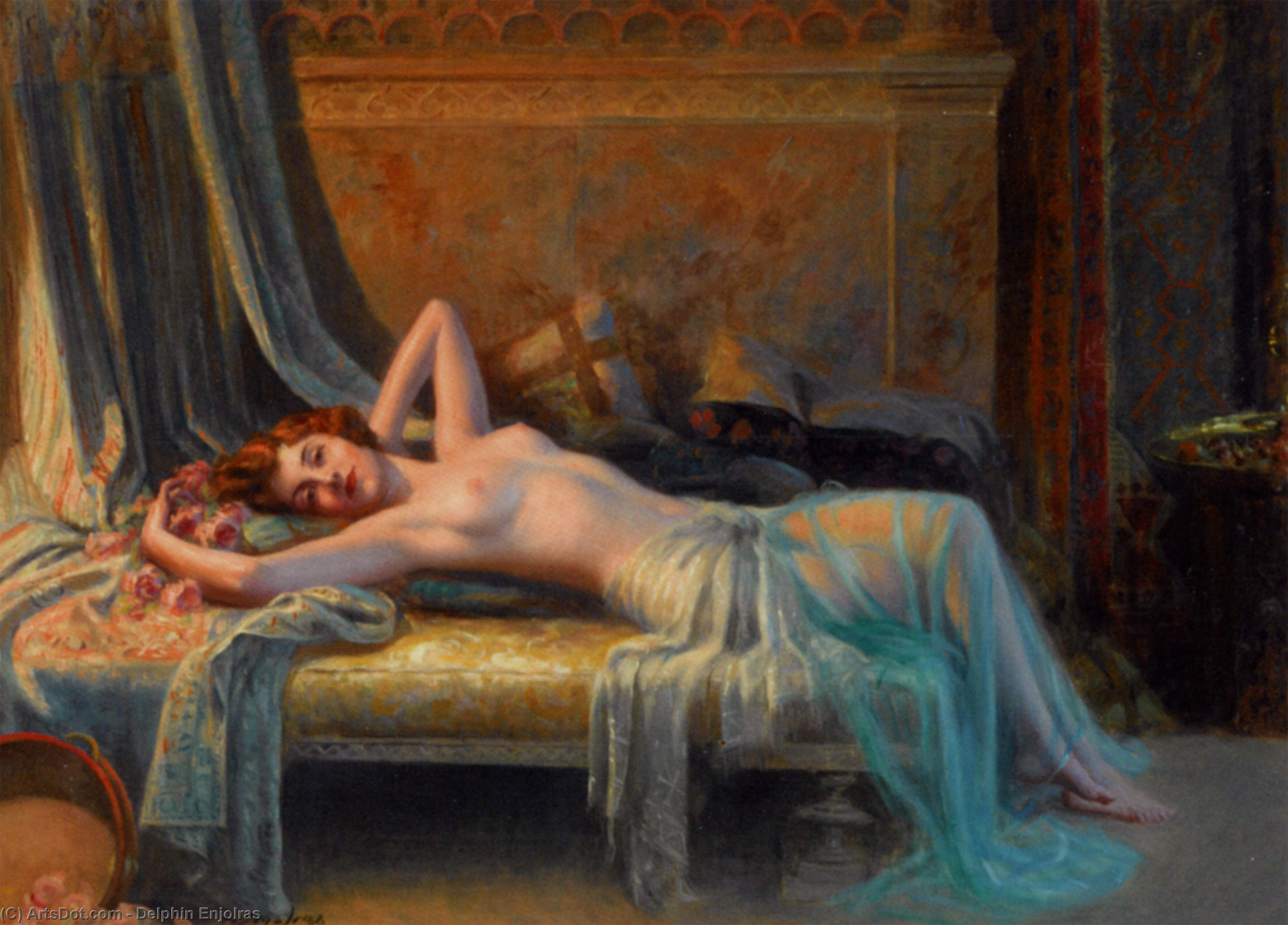 Wikioo.org - The Encyclopedia of Fine Arts - Painting, Artwork by Delphin Enjolras - Nude Lying On Roses Bouquet