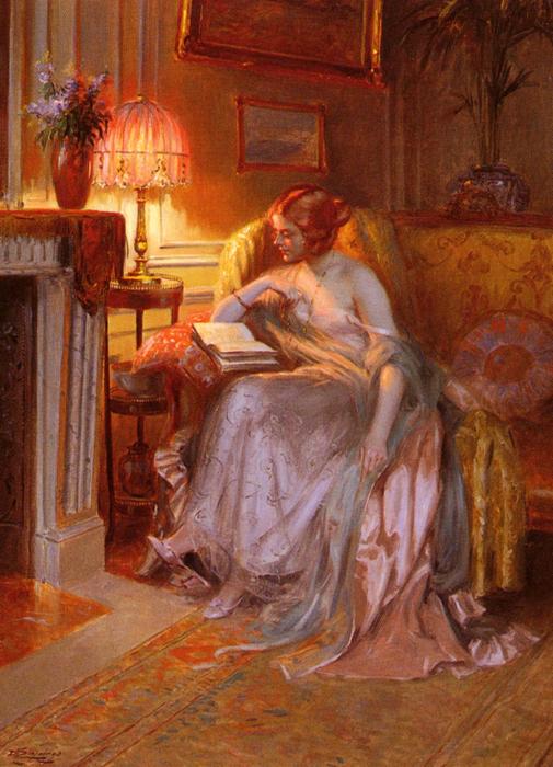 Wikioo.org - The Encyclopedia of Fine Arts - Painting, Artwork by Delphin Enjolras - Reading near the lamp