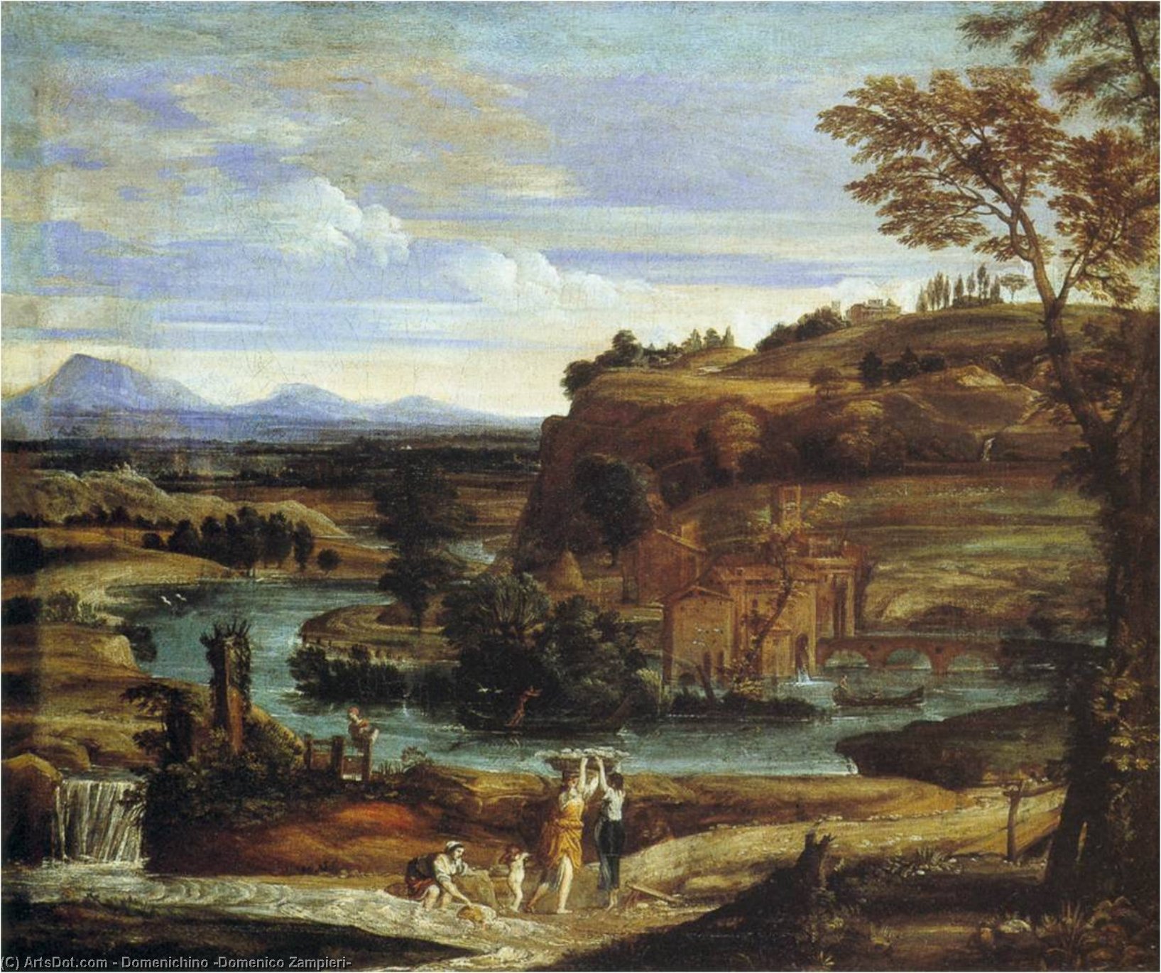 Wikioo.org - The Encyclopedia of Fine Arts - Painting, Artwork by Domenichino (Domenico Zampieri) - Landscape with a Child Overturning Wine