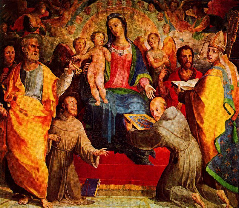 Wikioo.org - The Encyclopedia of Fine Arts - Painting, Artwork by Domenico Di Pace Beccafumi - Madonna and Child Enthroned with Six Saints and Angels