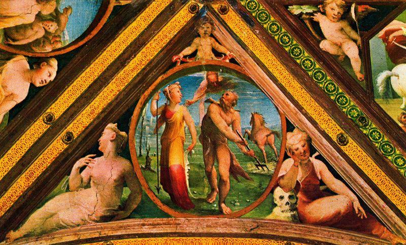Wikioo.org - Die Enzyklopädie bildender Kunst - Malerei, Kunstwerk von Domenico Di Pace Beccafumi - Pennacchio mit dem Wettbewerb zwischen Minerva Neptune