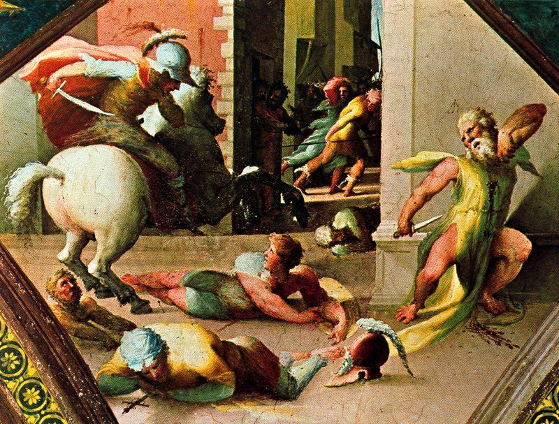 Wikioo.org – La Enciclopedia de las Bellas Artes - Pintura, Obras de arte de Domenico Di Pace Beccafumi - El suicidio de Catón de Utica