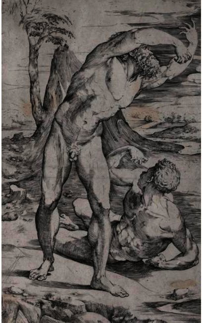 Wikioo.org - Die Enzyklopädie bildender Kunst - Malerei, Kunstwerk von Domenico Di Pace Beccafumi - Zwei männliche Akte an  Ein  Landschaft ein