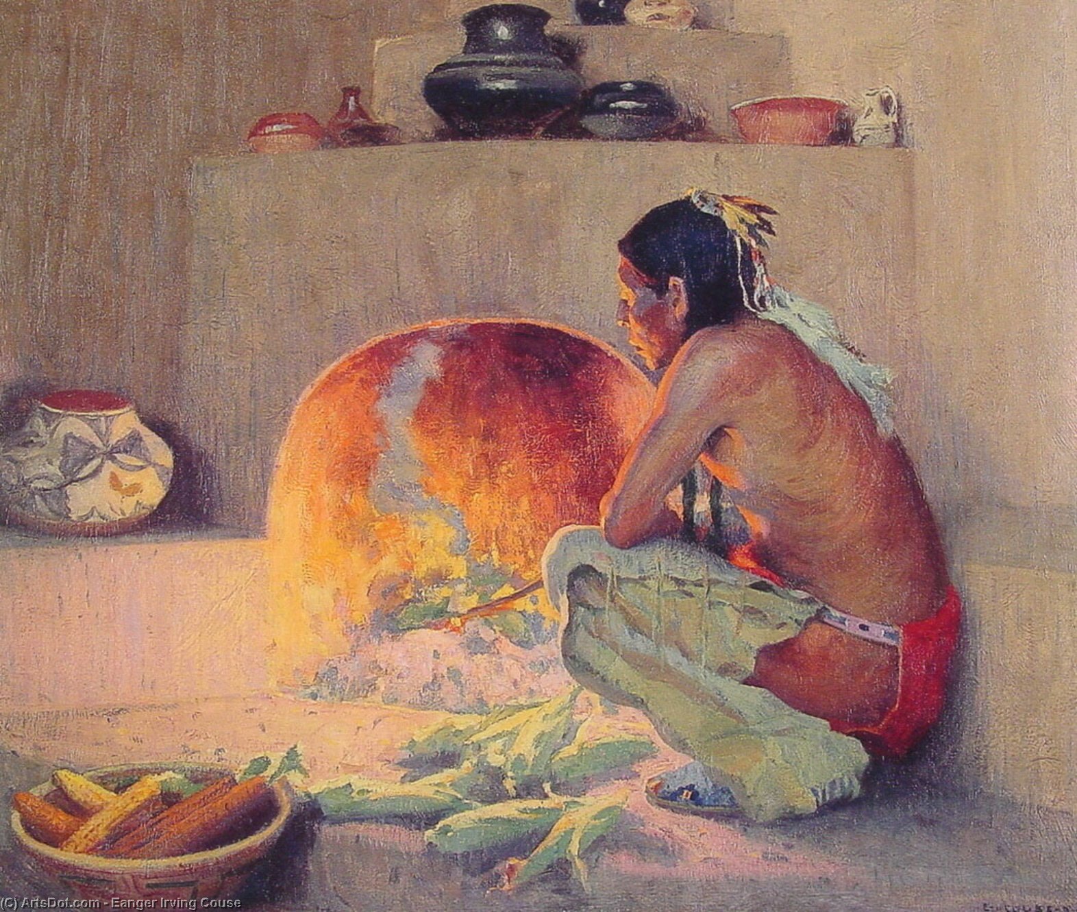 Wikioo.org - The Encyclopedia of Fine Arts - Painting, Artwork by Eanger Irving Couse - By the Fire