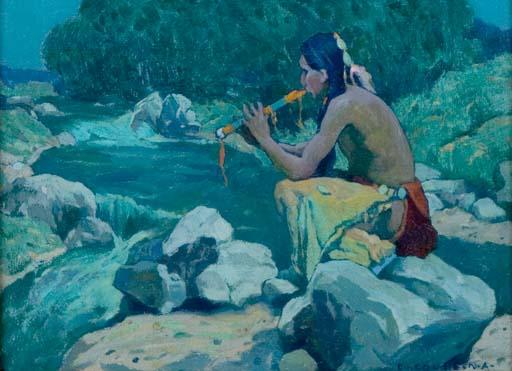 Wikoo.org - موسوعة الفنون الجميلة - اللوحة، العمل الفني Eanger Irving Couse - Flute Player, Rio Lucero, Taos, NM