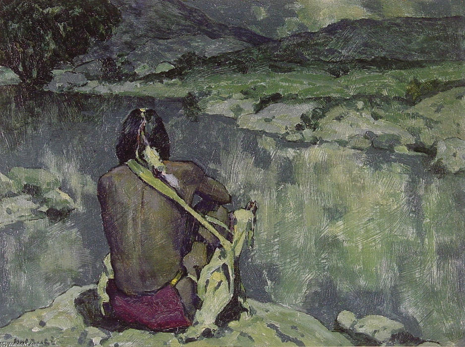 WikiOO.org - Encyclopedia of Fine Arts - Lukisan, Artwork Eanger Irving Couse - Moonlight Meditation