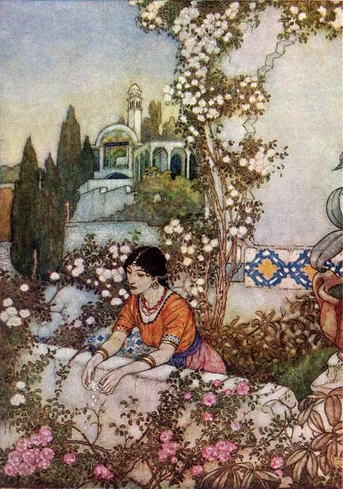 Wikioo.org - The Encyclopedia of Fine Arts - Painting, Artwork by Edmund Dulac - The Rubaiyat. Blowing Rose