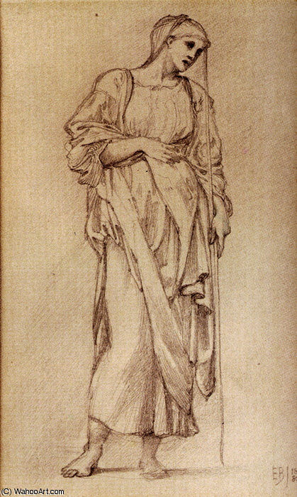 Wikioo.org - The Encyclopedia of Fine Arts - Painting, Artwork by Edward Coley Burne-Jones - Study Of A Standing Female Figure Holding A Staff