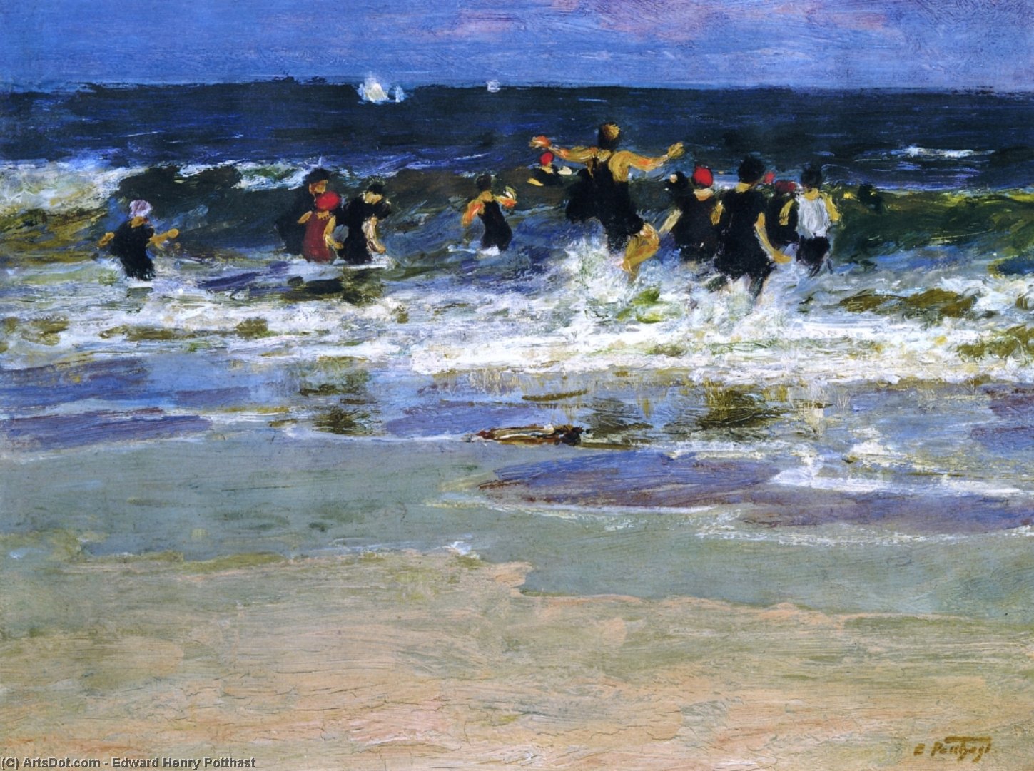 Wikioo.org - The Encyclopedia of Fine Arts - Painting, Artwork by Edward Henry Potthast - Beach Scene, Jumping in the Surf