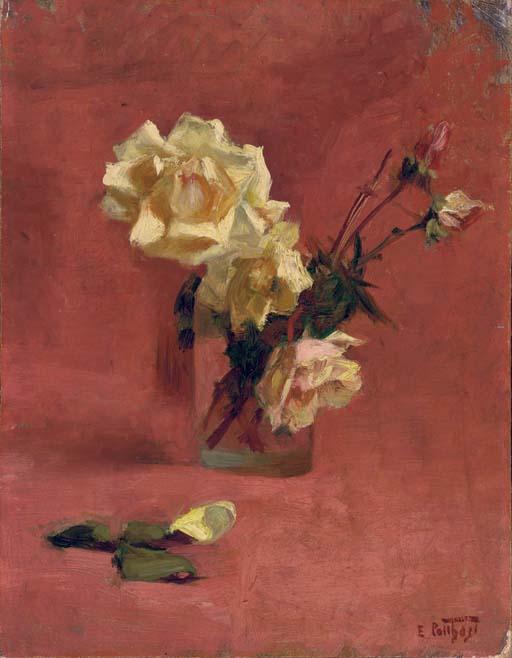 Wikioo.org - The Encyclopedia of Fine Arts - Painting, Artwork by Edward Henry Potthast - Yellow Roses in a Glass Vase