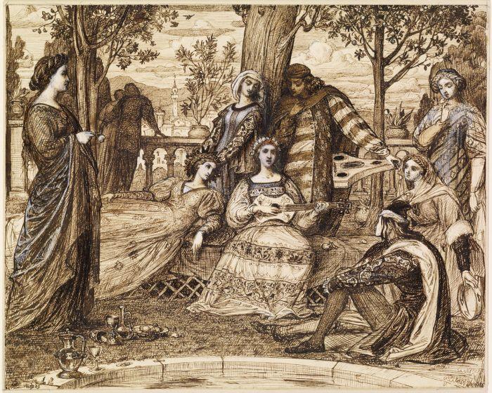 Wikioo.org - The Encyclopedia of Fine Arts - Painting, Artwork by Edward John Poynter - Boccaccio's Decameron - Garden Scene From The Introduction