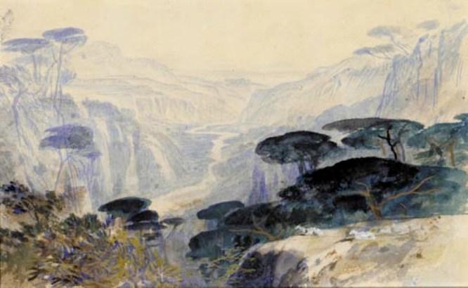 Wikioo.org - The Encyclopedia of Fine Arts - Painting, Artwork by Edward Lear - Cedars Overlooking The Valley, Galilea