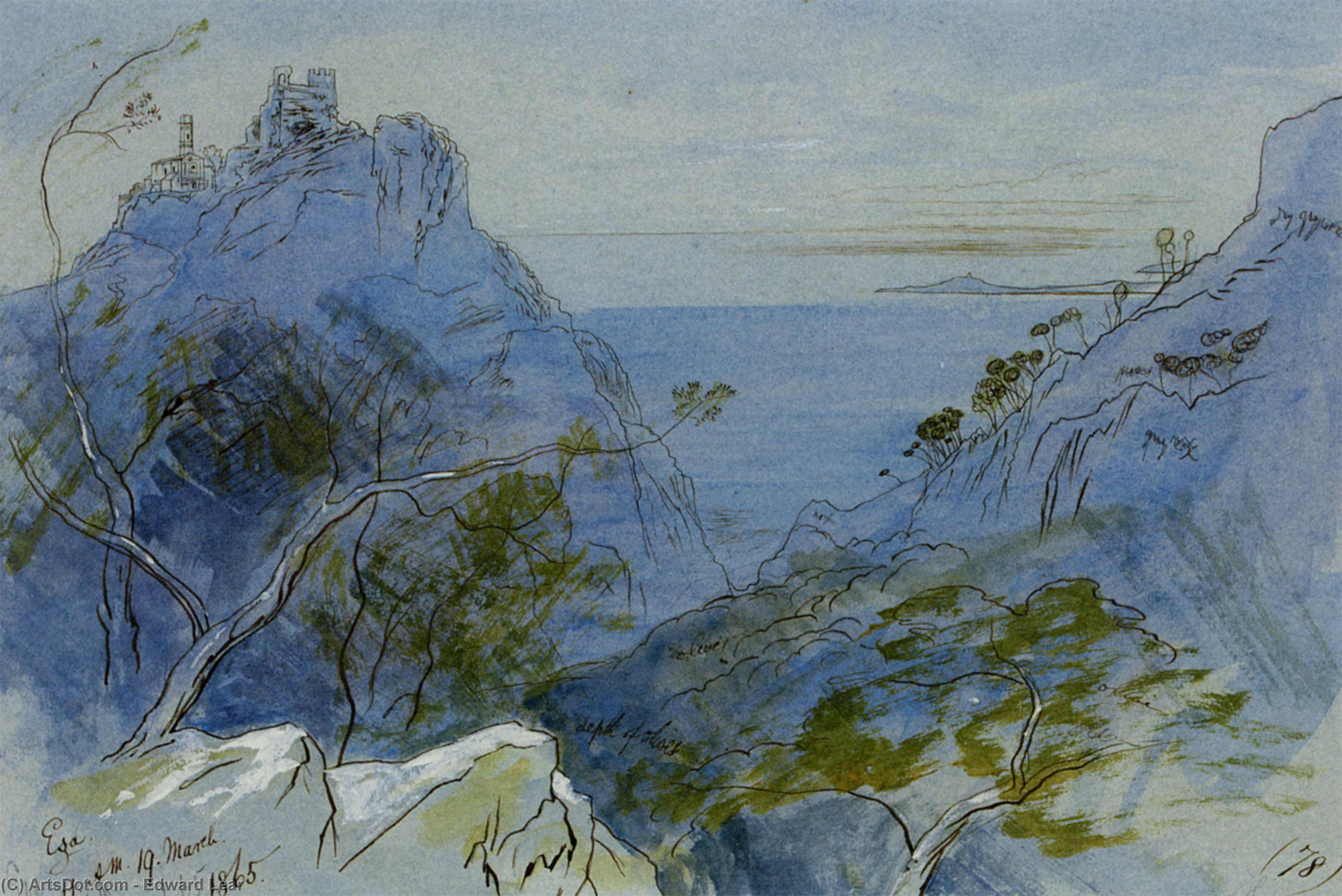 Wikioo.org - The Encyclopedia of Fine Arts - Painting, Artwork by Edward Lear - Eze Cote Dazur France