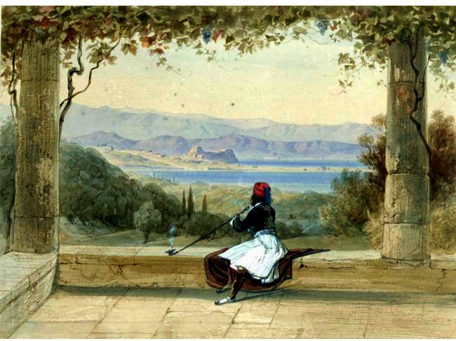 Wikioo.org - The Encyclopedia of Fine Arts - Painting, Artwork by Edward Lear - Figure On A Balcony Overlooking The Citadel, Corfu