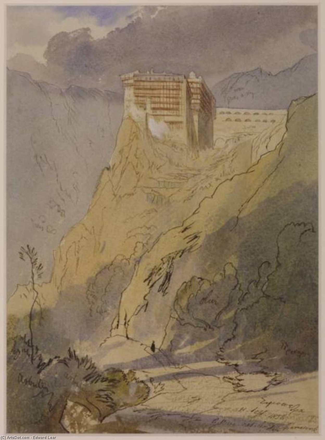 Wikioo.org - The Encyclopedia of Fine Arts - Painting, Artwork by Edward Lear - The Monastery Of Simopetra On Mount Athos