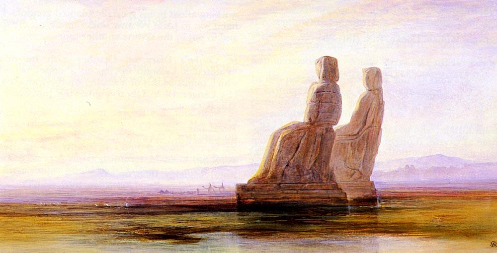 Wikioo.org - The Encyclopedia of Fine Arts - Painting, Artwork by Edward Lear - The Plain Of Thebes With Two Colossi
