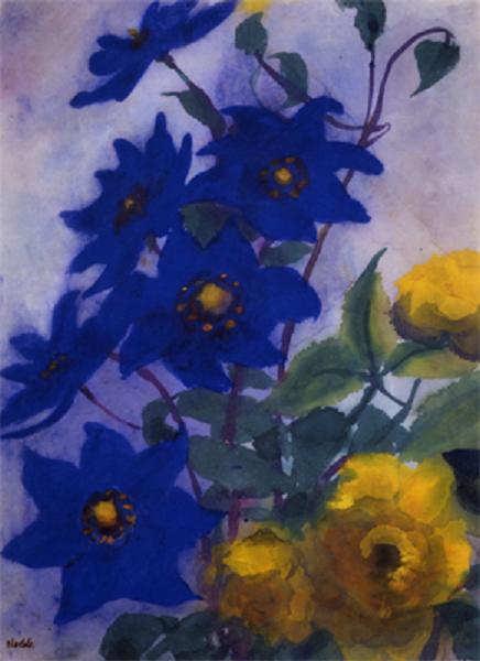 Wikioo.org - The Encyclopedia of Fine Arts - Painting, Artwork by Emile Nolde - Blue Aquilegia and yellow roses