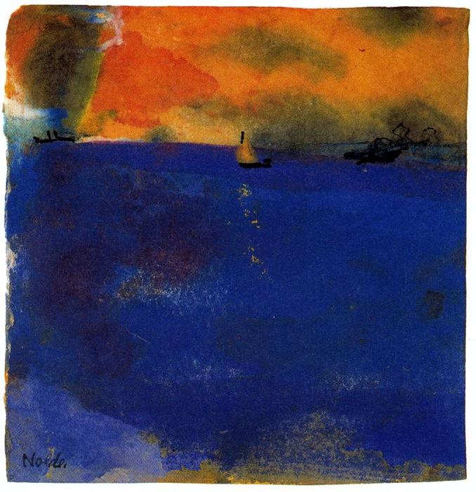 Wikioo.org - The Encyclopedia of Fine Arts - Painting, Artwork by Emile Nolde - Blue Sea (Sailboat and Two Steamships)