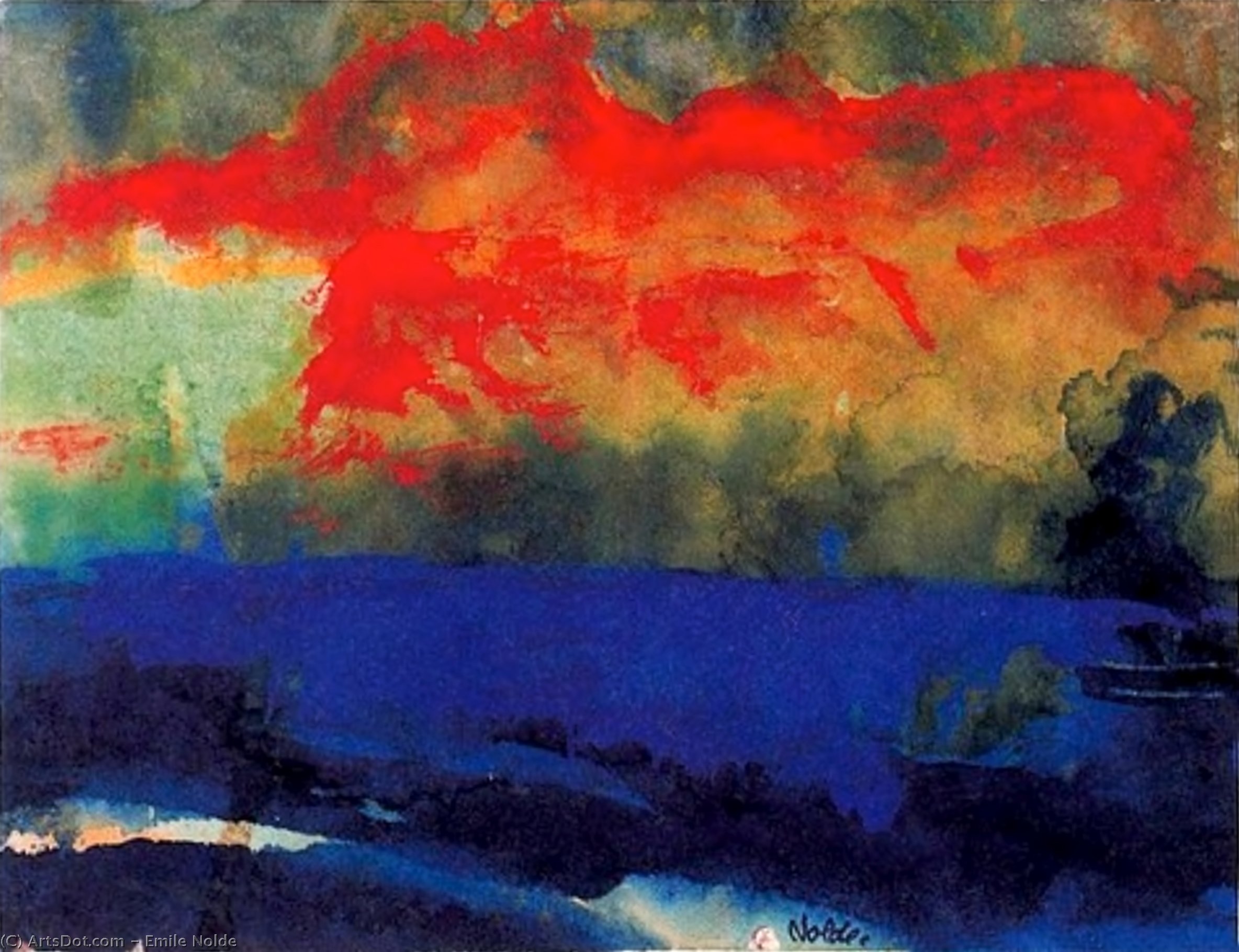 Wikoo.org - موسوعة الفنون الجميلة - اللوحة، العمل الفني Emile Nolde - Blue Sea and Red Clouds