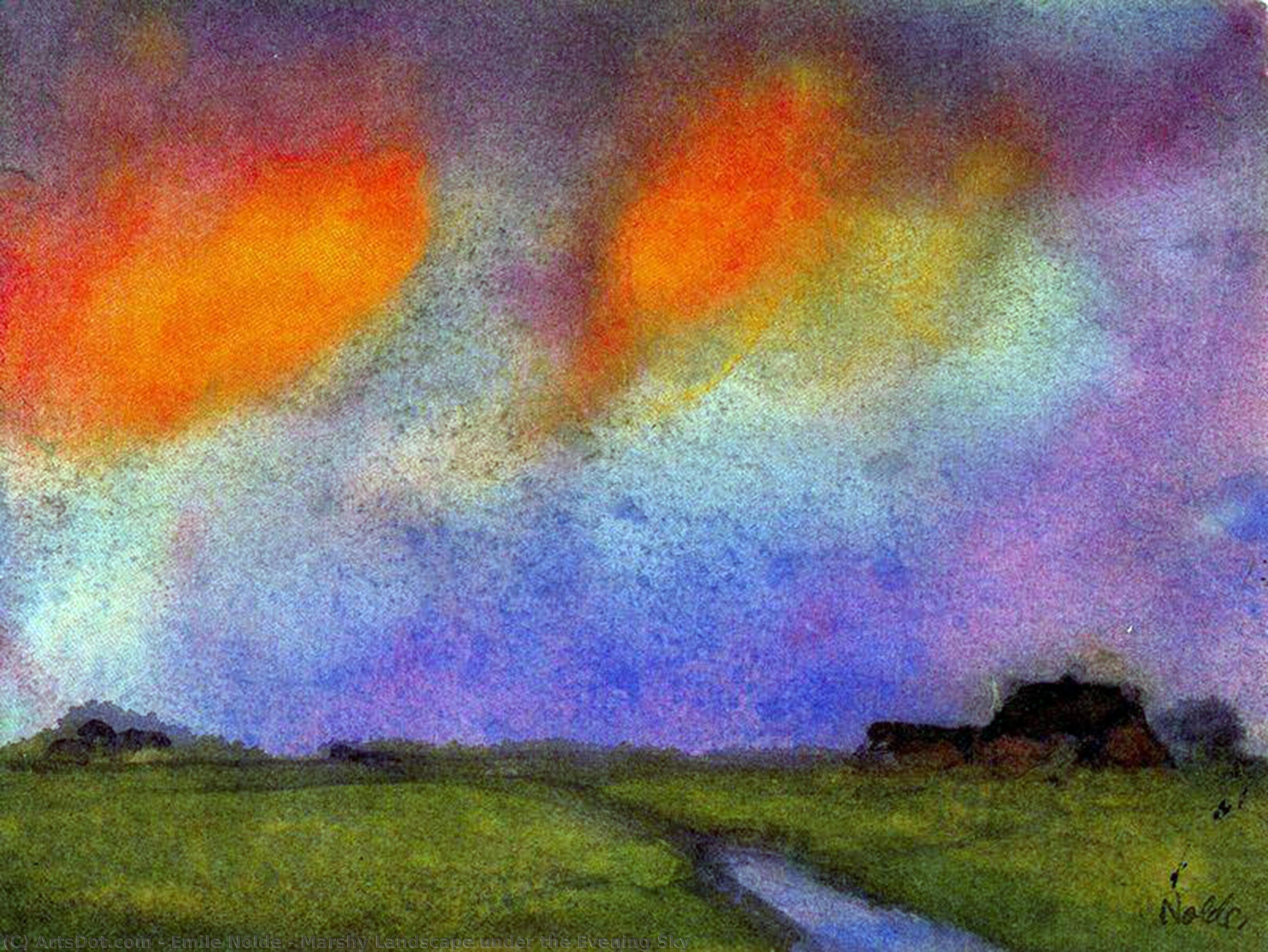 Wikoo.org - موسوعة الفنون الجميلة - اللوحة، العمل الفني Emile Nolde - Marshy Landscape under the Evening Sky