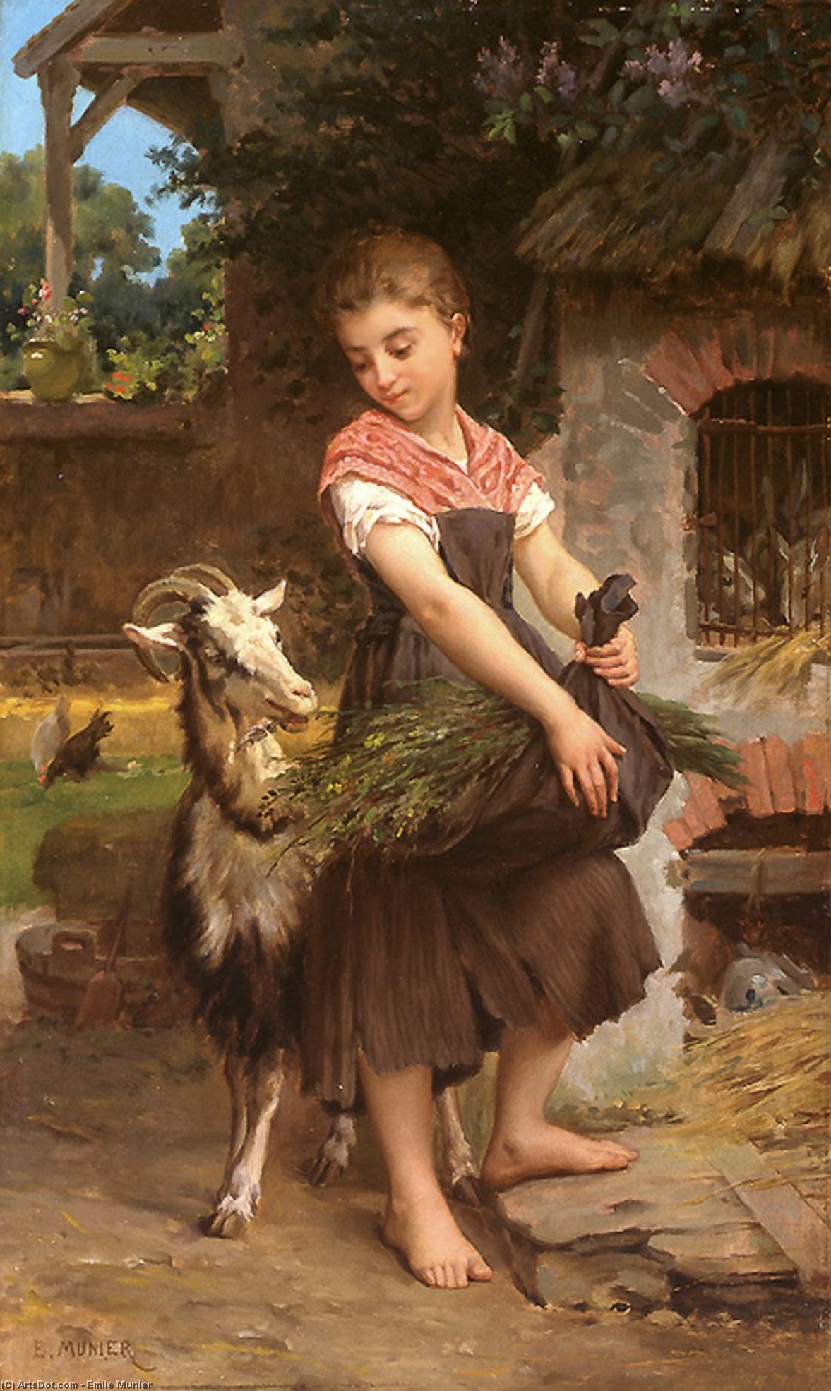 Wikioo.org - The Encyclopedia of Fine Arts - Painting, Artwork by Emile Munier - Farm Girl with her Pet Billy Goat