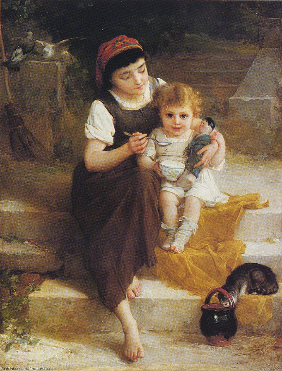 Wikioo.org - The Encyclopedia of Fine Arts - Painting, Artwork by Emile Munier - Lunch on the Steps
