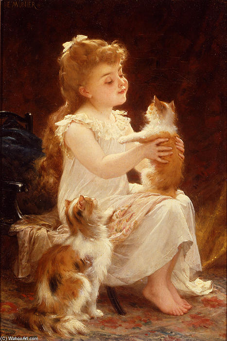 Wikioo.org - The Encyclopedia of Fine Arts - Painting, Artwork by Emile Munier - Playing with the Kitten
