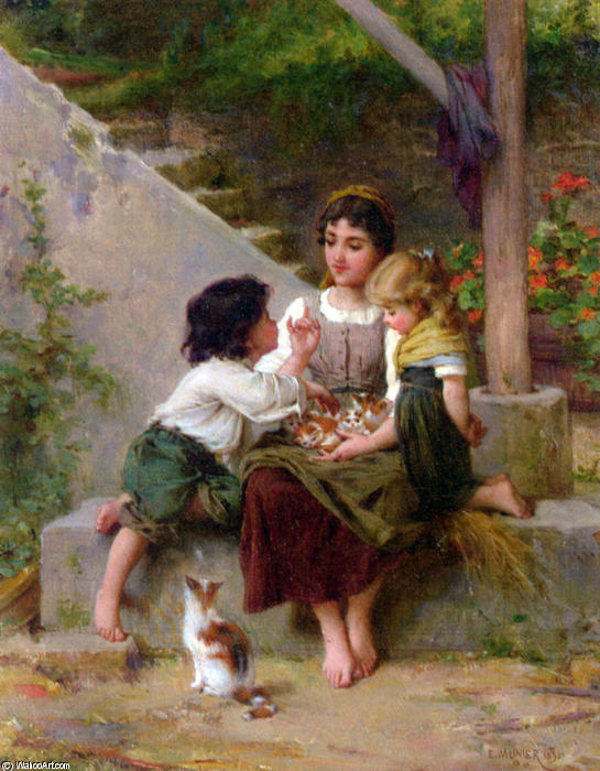 Wikioo.org - The Encyclopedia of Fine Arts - Painting, Artwork by Emile Munier - Playing with the Kittens