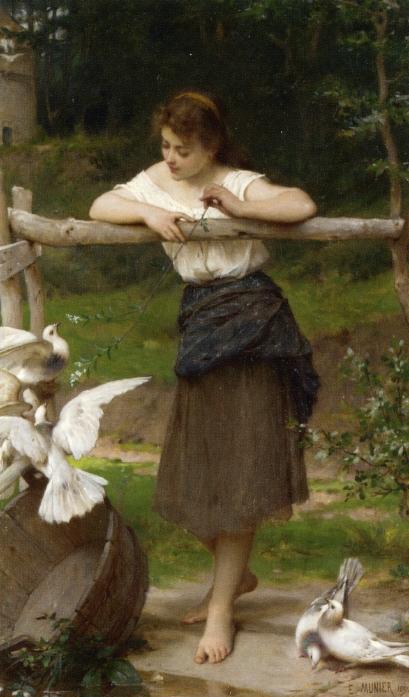 Wikioo.org - The Encyclopedia of Fine Arts - Painting, Artwork by Emile Munier - Teasing the Doves