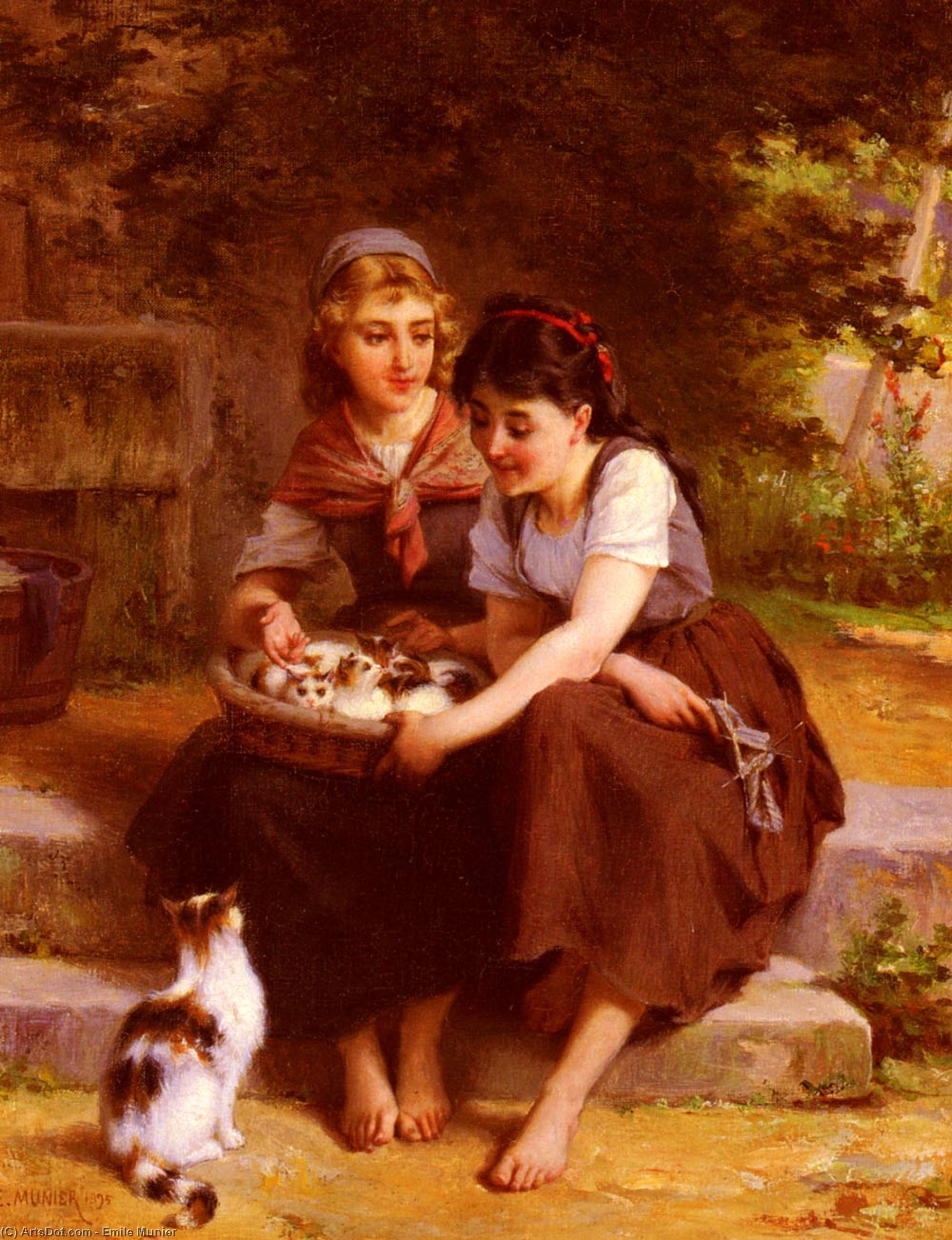 Wikioo.org - The Encyclopedia of Fine Arts - Painting, Artwork by Emile Munier - Two Girls With A Basket Of Kittens
