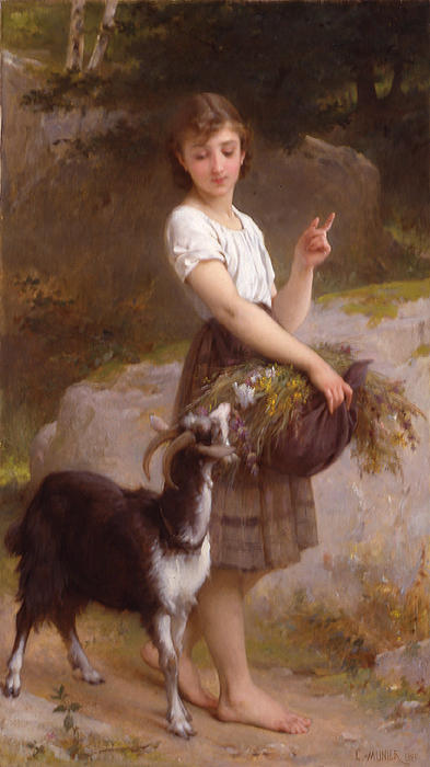 Wikioo.org - The Encyclopedia of Fine Arts - Painting, Artwork by Emile Munier - Young Girl with Goat & Flowers