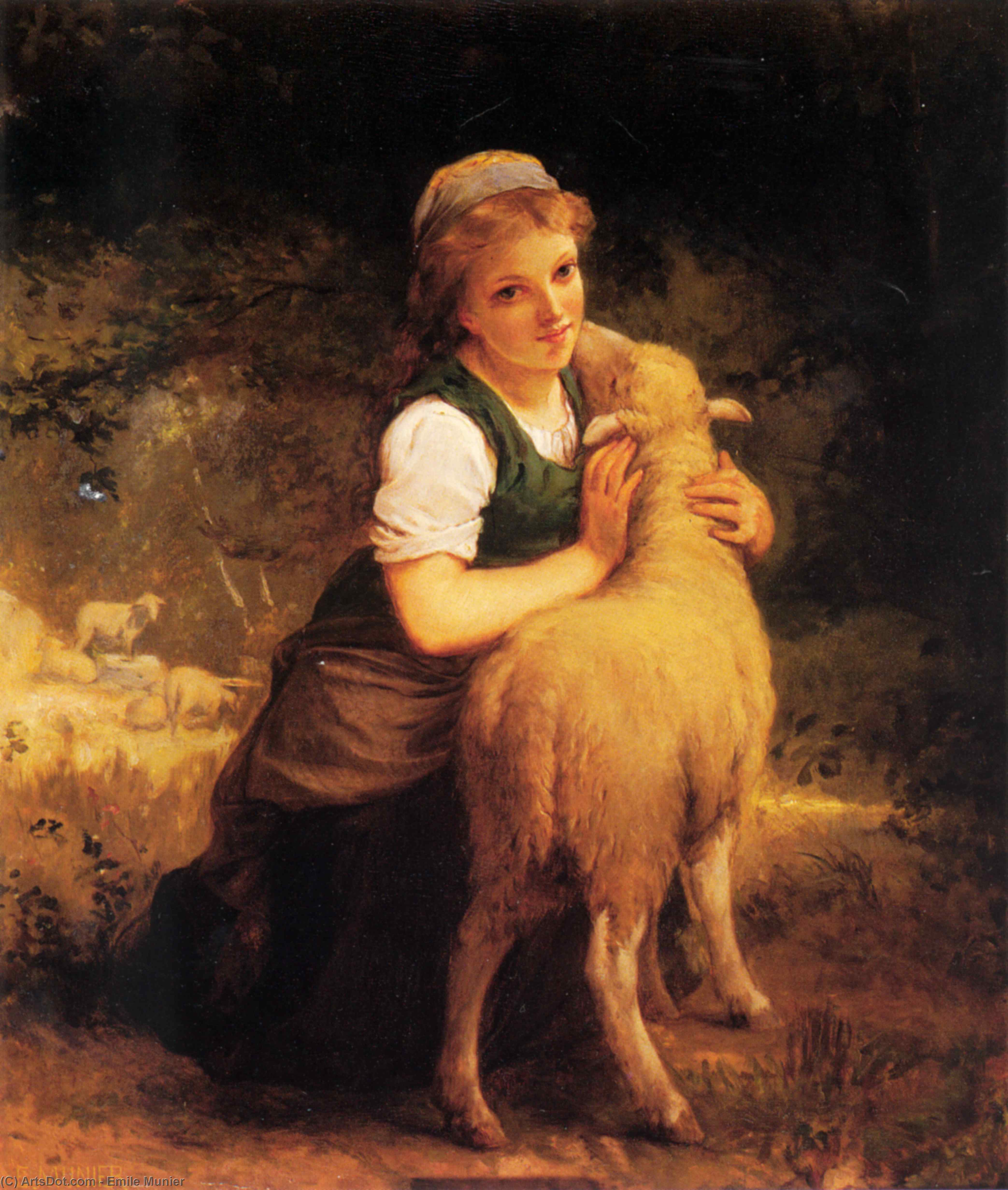 Wikioo.org - The Encyclopedia of Fine Arts - Painting, Artwork by Emile Munier - Young Girl with Lamb