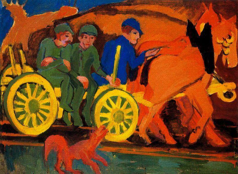 Wikioo.org - The Encyclopedia of Fine Arts - Painting, Artwork by Ernst Ludwig Kirchner - Chariot and horses with three farmers