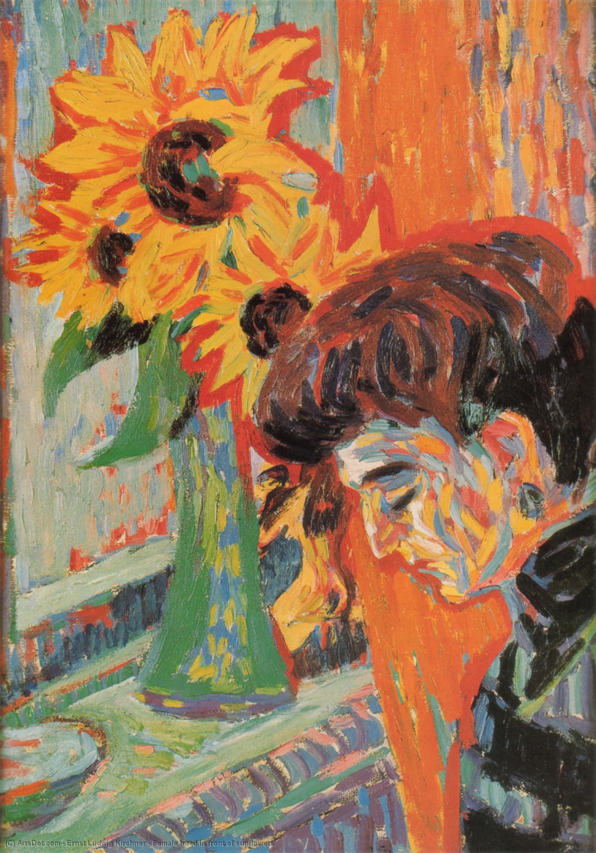 WikiOO.org - Encyclopedia of Fine Arts - Maalaus, taideteos Ernst Ludwig Kirchner - Female head in front of sunflowers